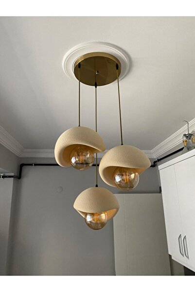 DREAM MODE Beton Avize Modern Şık İskandinav Tarz Krem 3 Başlıklı (Beton Görünümlü Plastik) Ampul Hediyeli