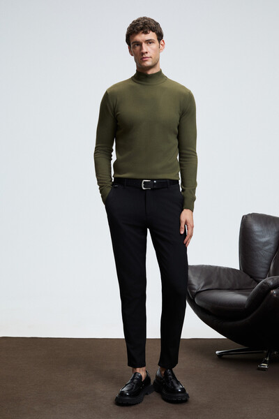 GRIMELANGE Rebel Men's Half Turtleneck Basic Regular Fit Knitwear Khaki Sweater