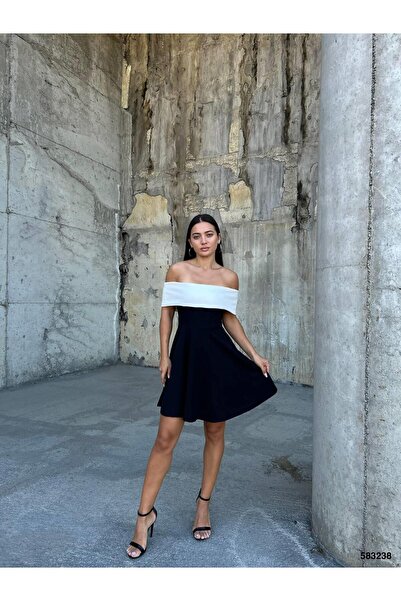 Modafeminen Flexible Crepe Fabric Degaje Collar Evening Dress Mini Dress 583238 Black