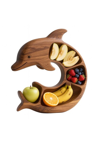 Flippy Serving Tray, Flippy, Dolphin, 4 Compartments, Solid Wood, 26 x 25 x 4 cm, Natural Brown