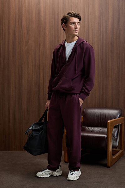 GRIMELANGE Gage Men's Hooded Metal Bird's Eye Detailed Zippered Drawstring Pocket Burgundy Sweatshirt