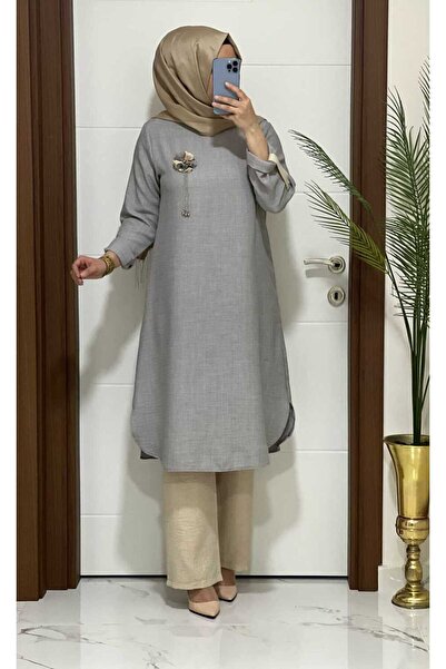MODA ALMİRA 7750 K35 GRİ BROŞ HEDİYELİ BAHAR TUNİK