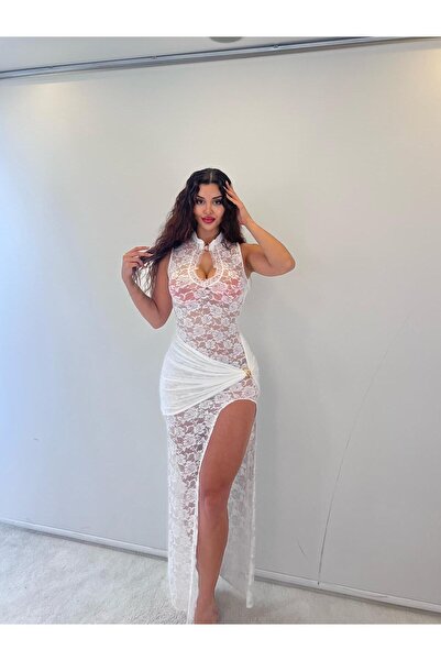 pink life Rochie maxi albă din dantelă cu detaliu de cataramă