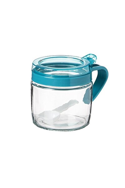 Flippy Condiment Container, Flippy, Glass, 180 ml, with Handle and Spoon, Transparent Lid, Blue