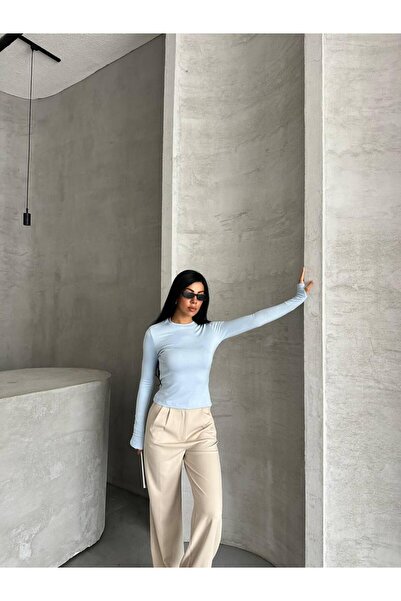 Butik Kadın Bisiklet Yaka Parmak Geçirmeli %95 Pamuklu Likralı Uzun Kollu Basic Body Bluz