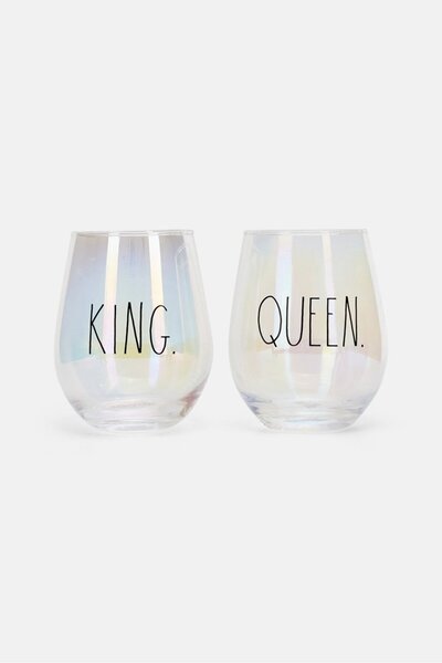Rae dunn 2 Pack Stemless King and Queen Glasses 22 Oz, Clear and Pink