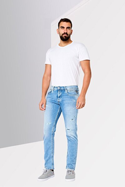 Replay Men Regular Fit Washed Stretchable Jeans, Blue