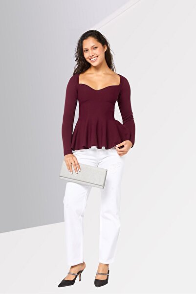 Stella McCartney Women Sweetheart Neckline Long Sleeves Plain Top, Maroon