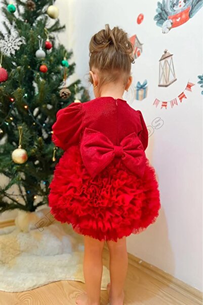 penu baby kids Kırmızı Pırıltı Kumaş Tütü Etekli Fiyonklu Uzun Kollu Kız Çocuk Kız Bebek Elbise