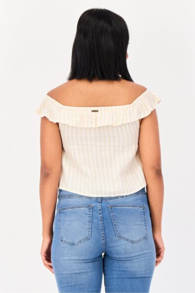 BİLLABONG Women Off Shoulder Ruffle Sleeve Stripe Top, Multicolor