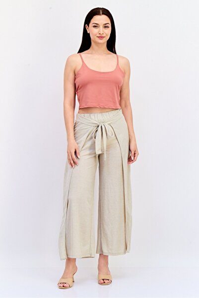 Koton Women Regular Fit Wide Leg Solid Palazo Pants, Beige