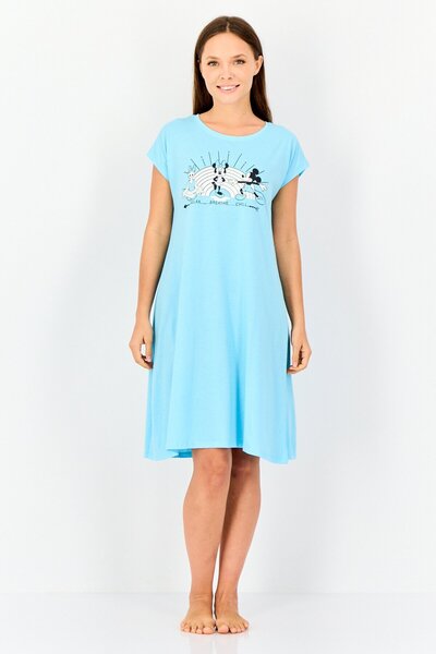 Zivame x Disney Women Mickey Mouse Print Short Sleeve Sleepwear Dress, Turquoise