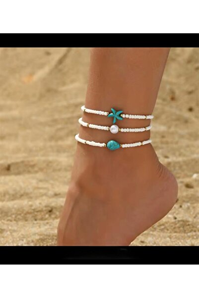 Arescollection خلخال أنيق وعصري مكون من 3 قطع مزين بخرز نجم البحر الأزرق