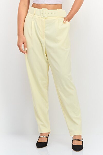 Koton Women Regular Fit Solid Tapered PantS With Belt, Pale Yellow