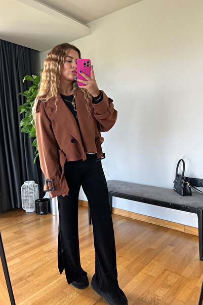 PİCCO Oversize Modern Tarz Kesim Tek Düğmeli Şık Kahverengi Sonbahar Kış Kadın Kısa Ceket Modası