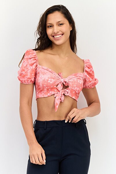 Koton Women V Neck Short Sleeve Allover Print Crop Top, Multicolor