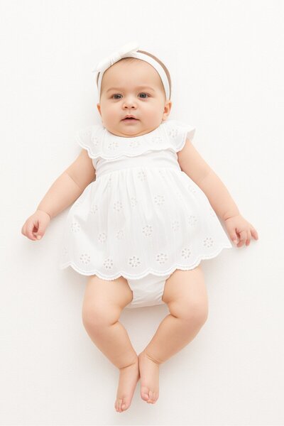 Quiltex Toddlers Girl 3 Pcs Eyelet Dress, Panty and Headband Set, White