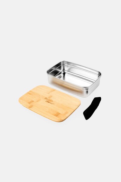 Baker's Secret Stainless Steel Lunch Box With Wooden Lid, Multicolor