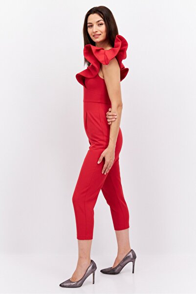 Forever New Women Petite Solid Structured Shoulder Jumpsuit, Red