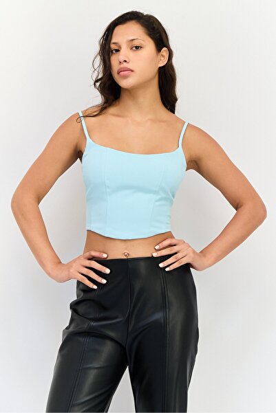Reserved Women Square Neck Sleeveless Plain Crop Tank Top, Light Turquoise