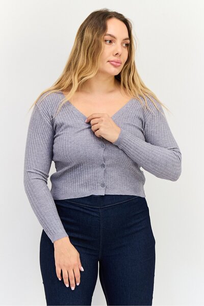 Buzz Women V Neck Textured Long Sleeves Cardigans, Grey