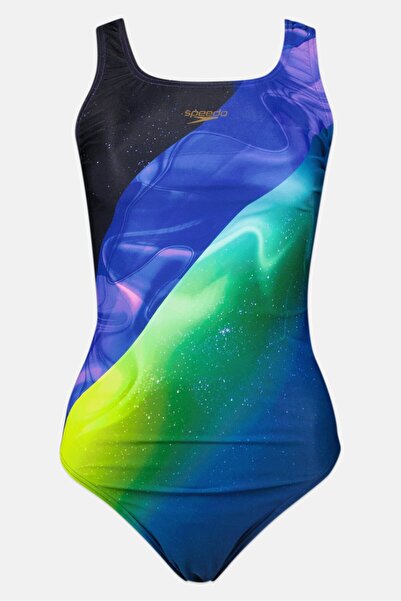 SPEEDO قطعة واحدة غير مبطنة بشعار العلامة التجارية للنساء، متعددة الألوان