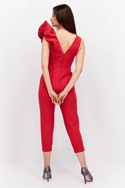 Forever New Women Petite Solid Structured Shoulder Jumpsuit, Red