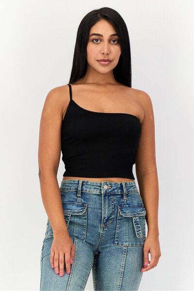 Don't Call Me Jennyfer Women Asymmetrical Neck One Shoulder Ribbed Top, Black