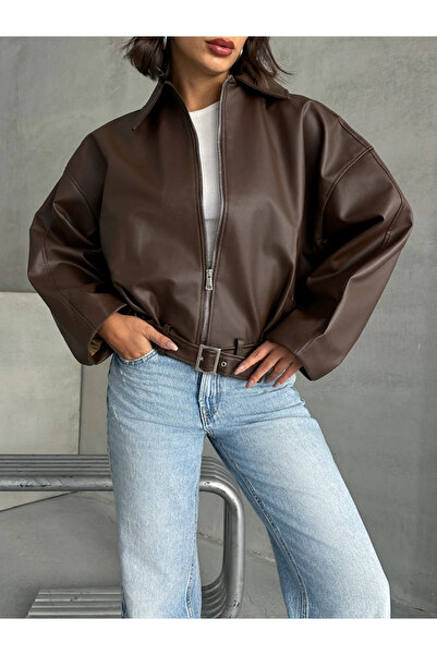 MEYASU Jachetă bomber din piele oversize cu mâneci largi și detaliu curea