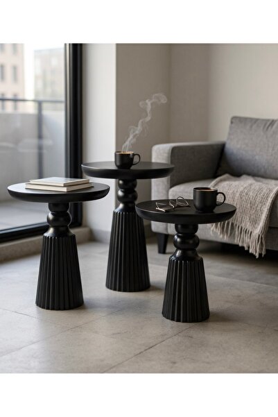 ASELYA HOME Doğal Ahşap 3’lü Set Siyah Renk Mantar Yan Sehpa Modern Fiskos Zi...