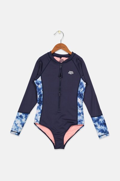 Piping Hot ملابس سباحة للبنات الصغار بأكمام طويلة وصبغة التعادل، لون أزرق داكن