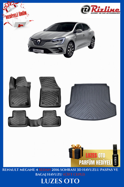 Rizline Renault Megane 4 SEDAN 3D Havuzlu Paspas ve Bagaj Havuzu (ÇİFT CEPLİ)...