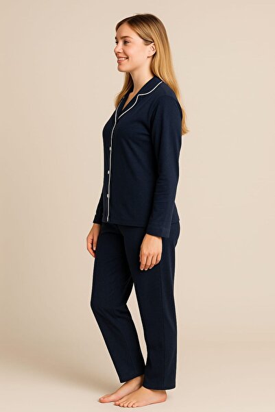 enmodaiçgiyim Set de pijamale din bumbac pentru femei, albastru bleumarin – cu mâneci lungi cu nasturi, croială lejeră, confort pentru 4 anotimpuri