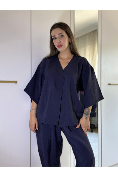 ECOTİQUE Γυναικείο Σετ Μπλε Navy με λαιμόκοψη V και μονό κουμπί & ελαστικό πα...