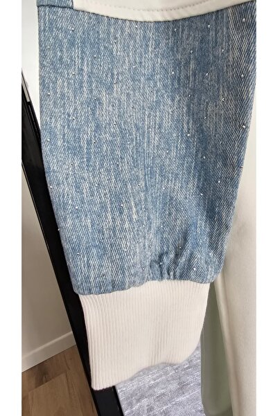 PREMİER VİE Women's White Sweatshirt – Long Tunic with Denim Sleeve Detail and Floral Embroidery