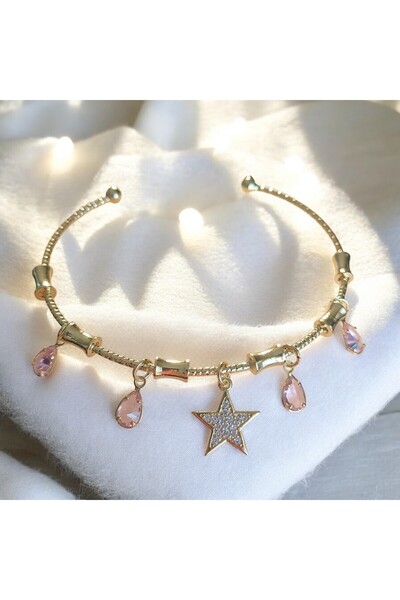 POKAK 14K Altın Kaplama Yıldız Pembe Taşlı Ayarlanabilir Charm Kelepçe