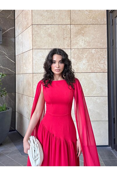 LOCH BUTİK Women's Red Maxi Cape Tied Zippered Dress