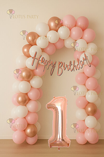 LOTUS PARTY Rose 1 Year Old Set Rose Pink Rose Color Balloon Rose Gold Happy Birthday Banner Rose Number Balloon Chain