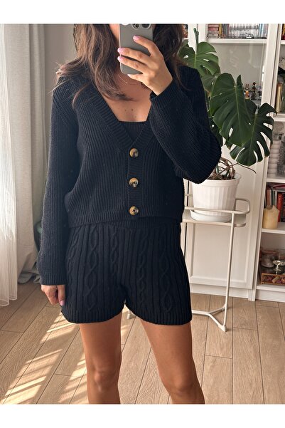 Store Siyah Triko Hırka Büstiyer Şort 3'lü Triko Takım