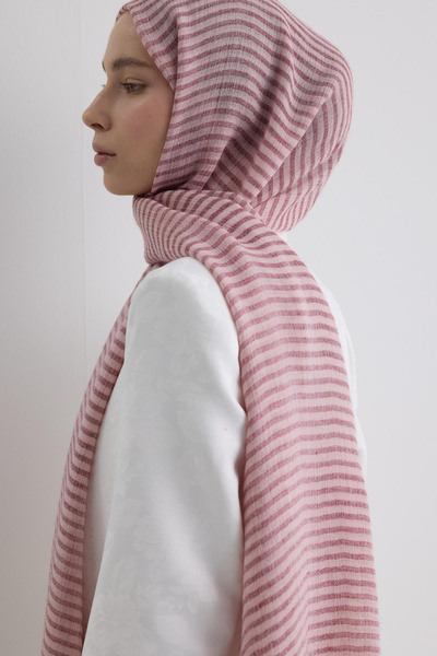 FENZA SCARF Sara Pink Wide Striped Linen Textured Cotton Shawl