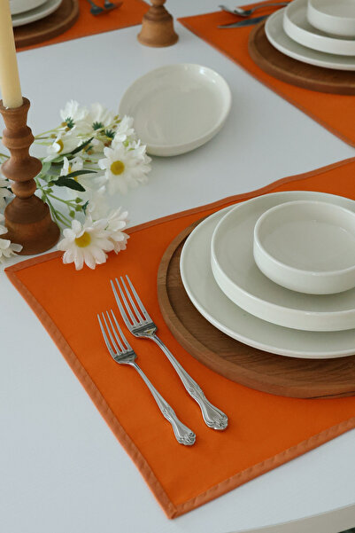 Yakacihome 4-Piece Pera Orange Piping Detailed Duck Linen Washable, Stain-Resistant Supla American Service Set