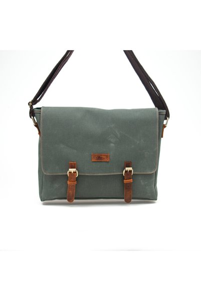 Gillario Design03 Canvas Leather Khaki Green 15.6 Inch Unisex Postman Laptop Bag