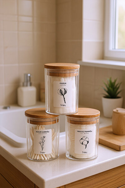 Snippy Bathy - 3'lü Ahşap Vakum Kapaklı Banyo Düzenleyici Plastik Banyo Seti Pamuk Düzenleyici