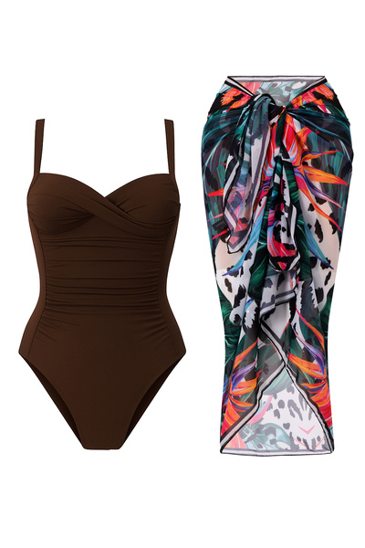 CUPSEA Women's Recovery Draped Swimsuit Brown Lana Black Leo Pattern Pareo Set of 2 Stylish and Slimming Effect