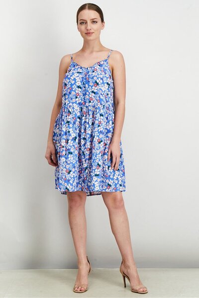 PROMOD Women Floral Sleeveless Mini Dress, Blue Combo