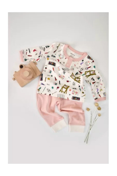 BabyCosy Set with long sleeve shirt and pants, 100% cotton, BabyCosy, Powder (Size: 6-9 months)