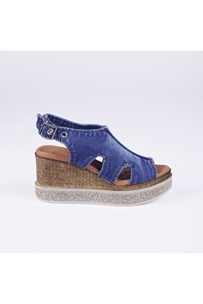 Butik Jeanolog Denim Sandals Platform Wedge Heel Ankle Buckle