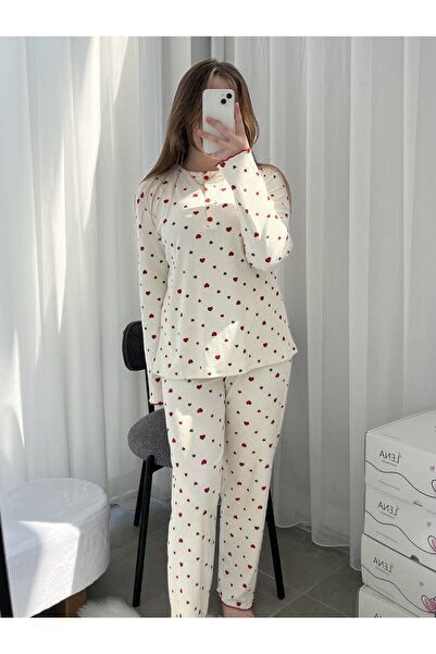 Lena Homewears Red Heart Patterned Ecru Berlin Pajama Set