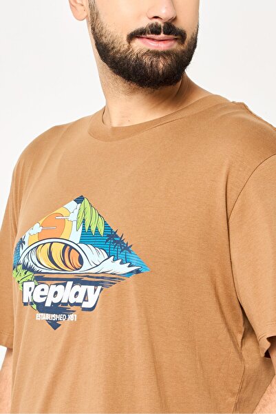 Replay Men Crew Neck Short Sleeve Graphic Print T-Shirt, Tan