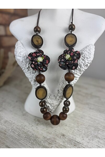 SEDEF TAKI Kahve uzun çiçekli tasarım kolye